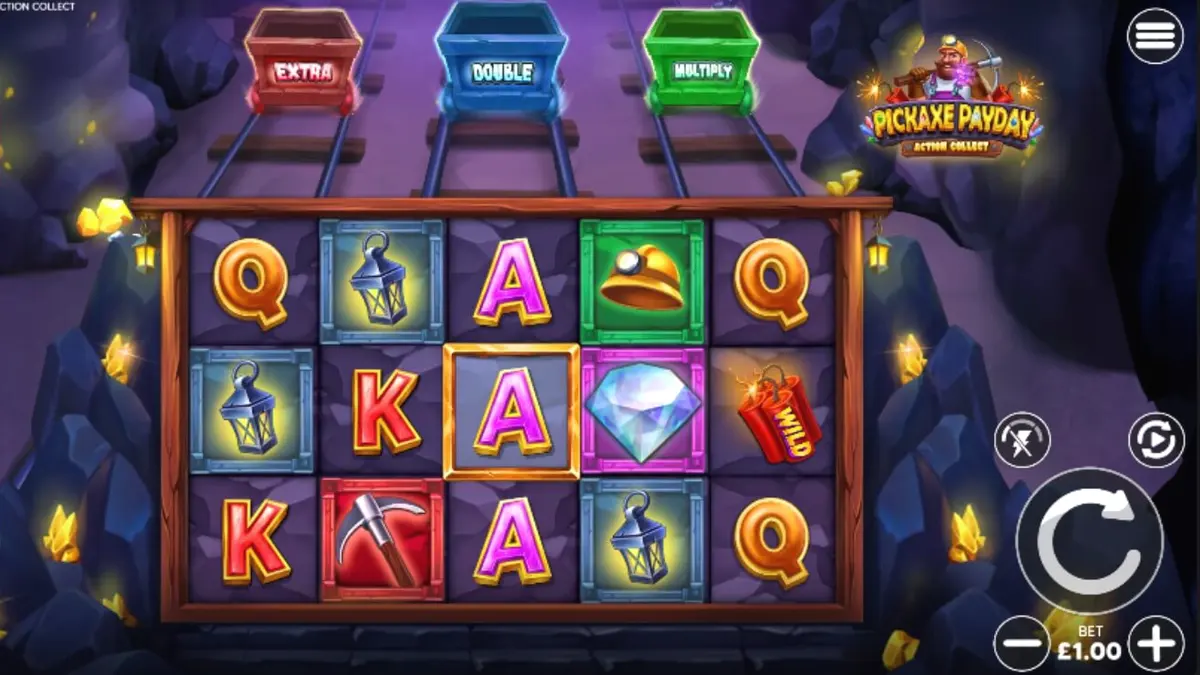 Tampilan antarmuka seluler Pickaxe Payday dengan grafik penambang kartun yang cerah