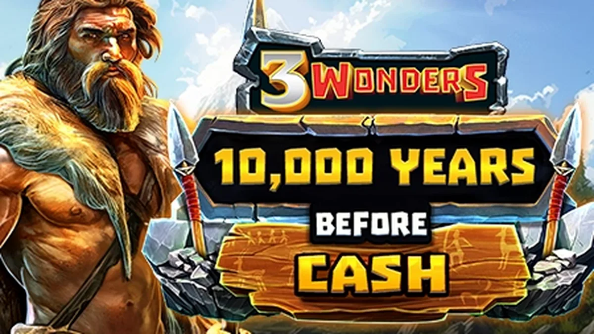 Tampilan visual permainan slot 10,000 Years Before Cash dengan latar belakang prasejarah
