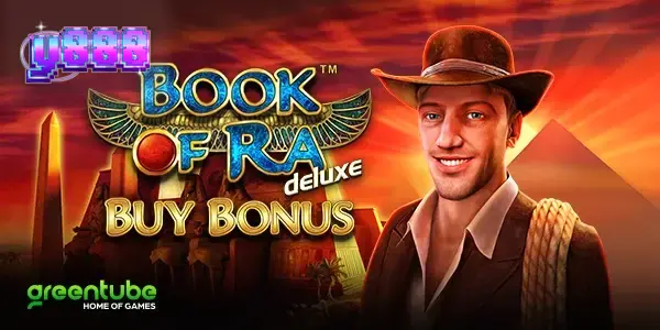 Tampilan layar permainan slot Book of Ra deluxe Buy Bonus dengan tema Mesir kuno.